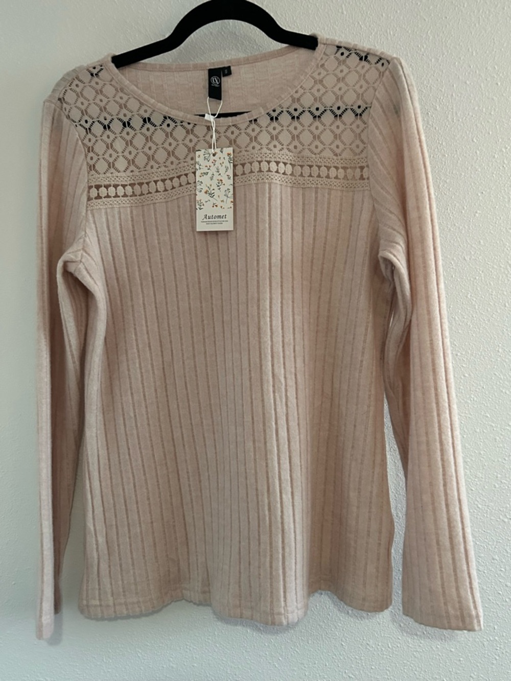 Automet Ribbed Lace Yoke Crew Neck Sweater